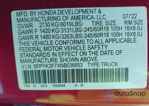 2022 Honda Ridgeline Rtl-E из США, поврежденный, VIN 5FPYK3F7XNB036653